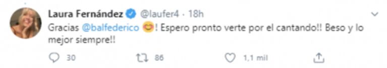 Laurita Fernández reaccionó a los halagos de Federico Bal haciéndole una propuesta: "Espero verte por el Cantando"