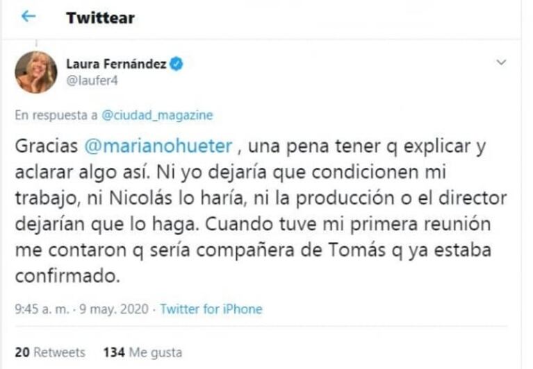 Laurita Fernández, tras la versión de que Cabré habría elegido  a Fonzi como su compañero: "No dejaría que condicionen mi trabajo"