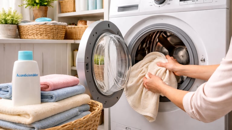 Lavar ropa con el acondicionador del pelo en el lavarropas, un truco casero en ascenso. Foto: IA