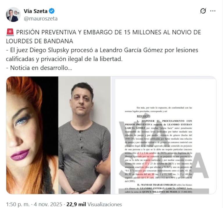 Leandro García Gómez, el ex de Lowrdez Fernández, fue procesado (Foto: captura de X/@mauroszeta).