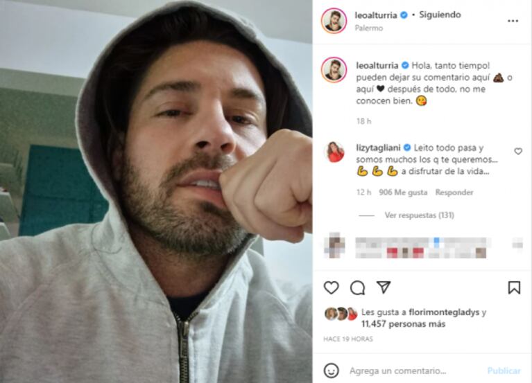 Leo Alturria reapareció en las redes y Lizy Tagliani le dejó un sorpresivo mensaje