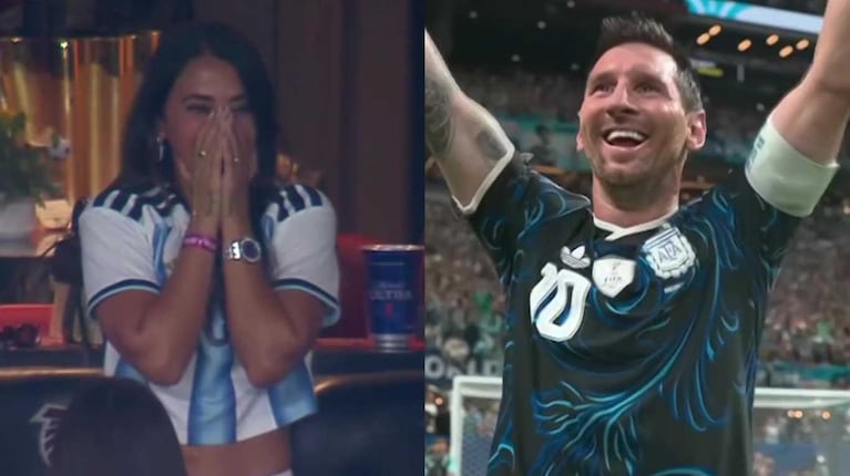 Leo Messi festejó junto a Antonella la victora de Argentina 2-1 sobre Inglaterra (captura TyC Sports)