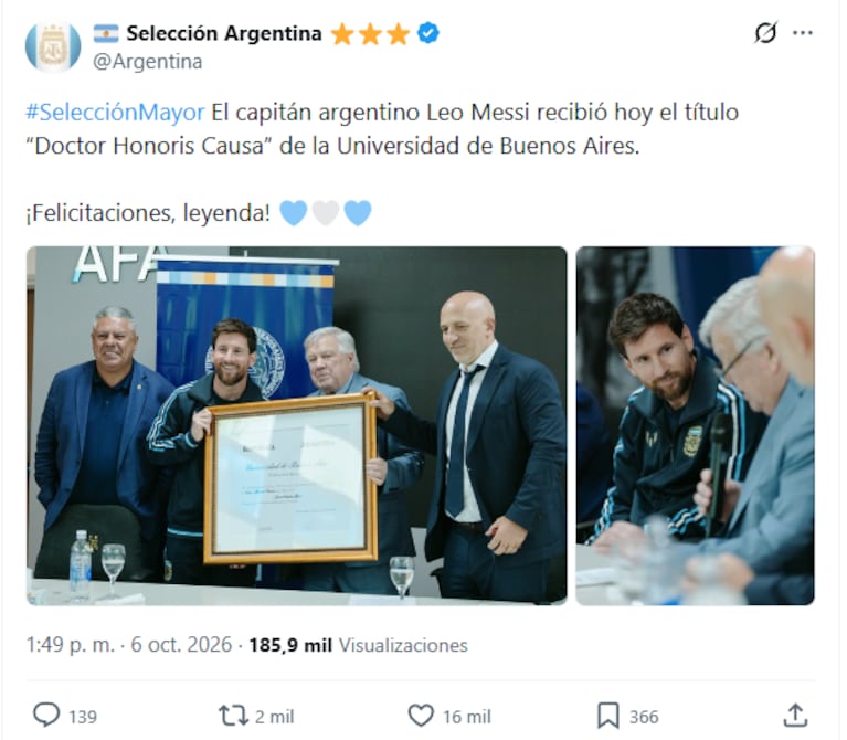 Leo Messi recibió una distinción de la UBA (Foto: X/@Argentina).