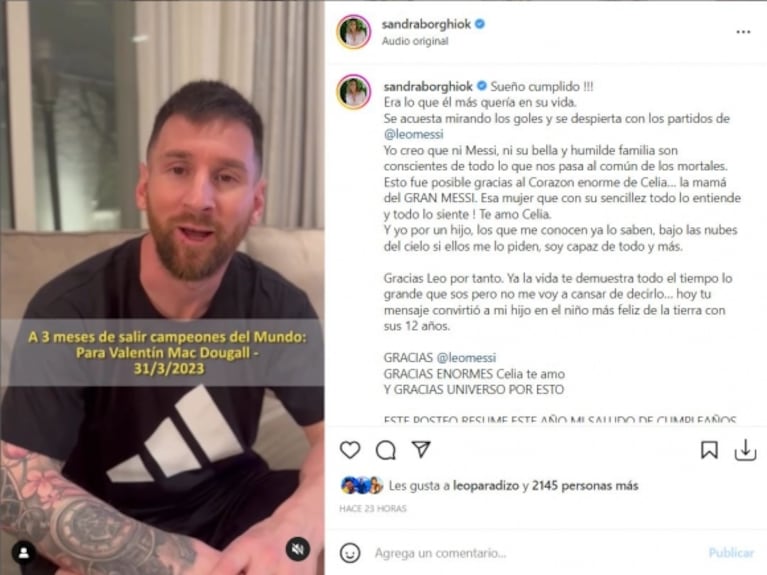 Leo Messi saludó al hijo de Sandra Borghi por su cumpleaños: la reacción de Valentín 