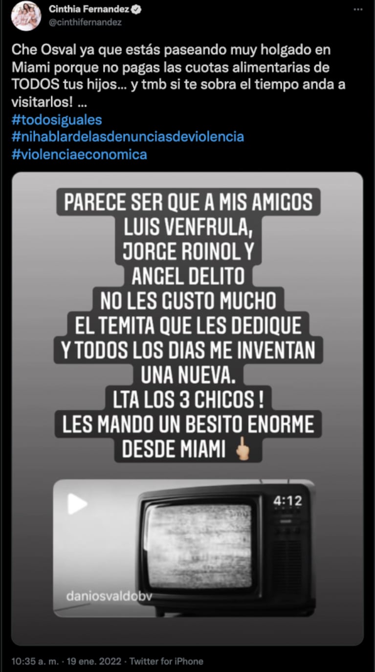 Letal tweet de Cinthia Fernández contra Daniel Osvaldo: "¿Por qué no pagás las cuotas alimentarias?"