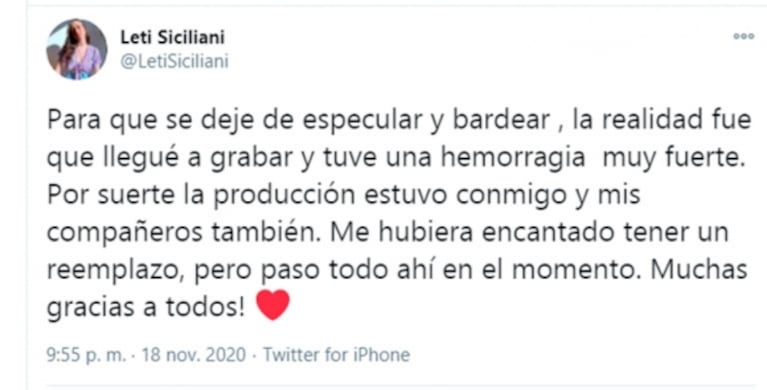 Leticia Siciliani contó el verdadero motivo de su ausencia en MasterChef: "Llegué a grabar y tuve una hemorragia muy fuerte"