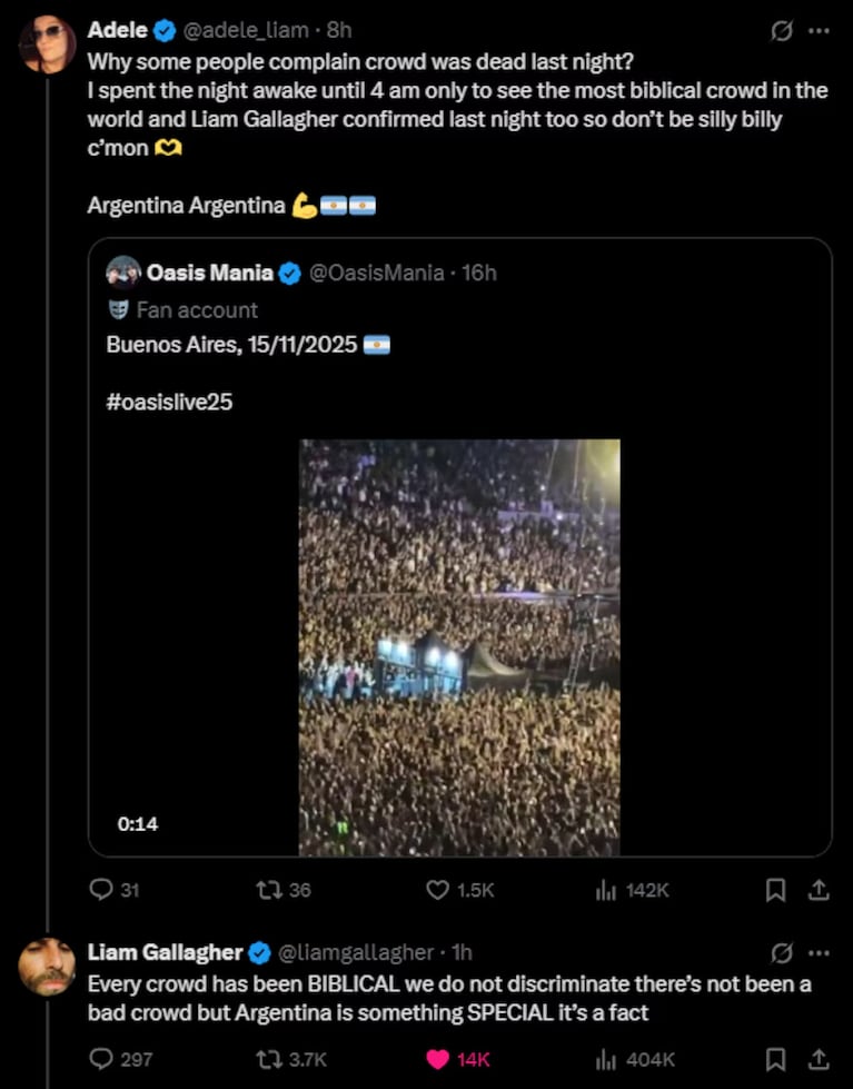 Liam Gallagher celebró al público argentino después del primer show: “Son únicos”. Crédito: X