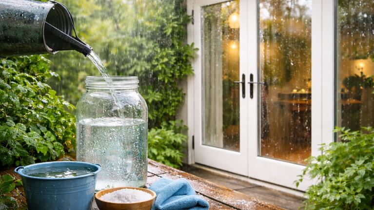 Limpiar ventanas con agua de lluvia, una solución práctica y económica. Foto: IA (imagen ilustrativa)