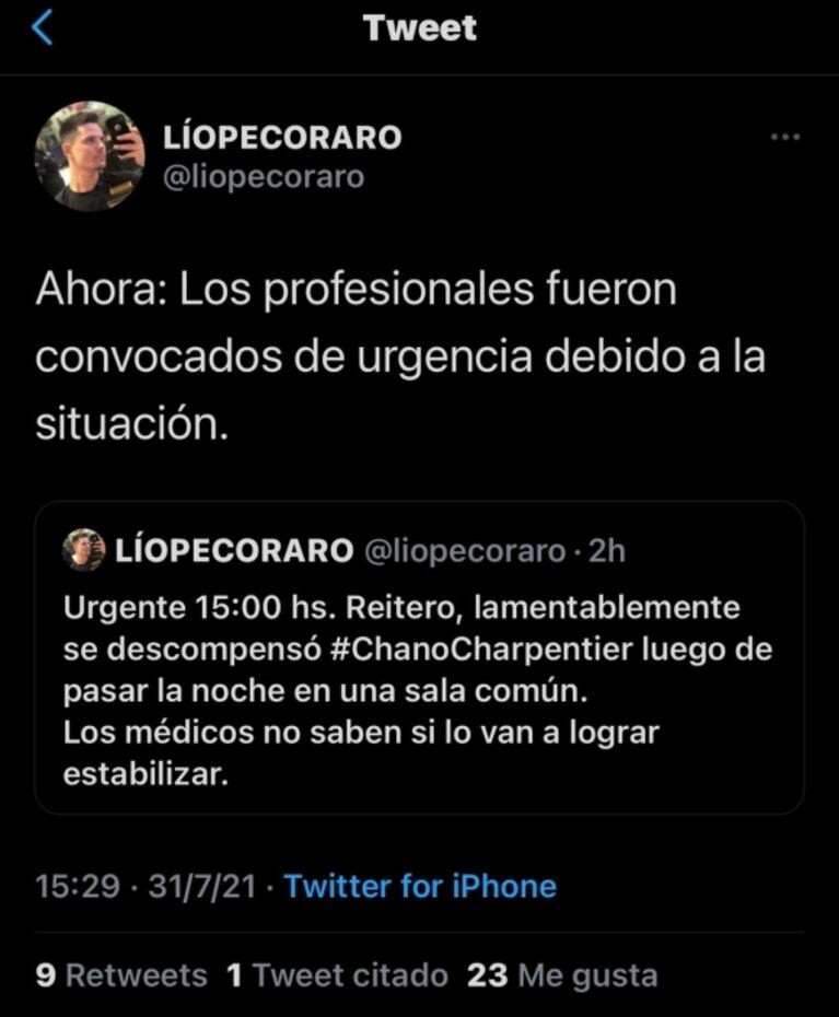 Lío Pecoraro aseguró que Chano sufrió una descompensación: "Los médicos no saben si podrán estabilizarlo"