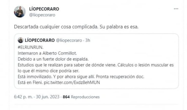 Lio Pecoraro informó que Alberto Cormillot, de 84 años, fue internado: "Descartada cualquier cosa complicada"