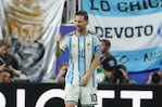 Lionel Messi (10) reacciona tras marcar su tercer gol para Argentina en la victoria 3-0 ante Argelia en el Grupo J del Mundial, el martes 16 de junio de 2026, en Kansas City, Missouri. (AP Foto/Ed Zurga)