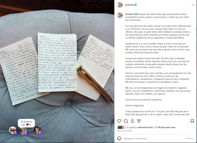 Lionel Messi anunció su retiro de la Selección. (Foto: @leomessi)