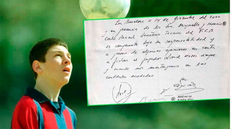 Lionel Messi y el acuerdo con Barcelona firmado en una servilleta (Foto: ESPN).