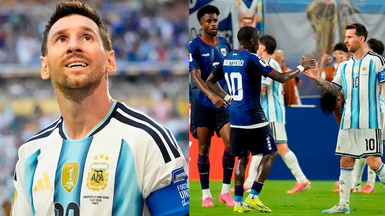 Lionel Messi y los jugadores de Cabo Verde tras la clasifición de Argentina a octavos de final en el MUNDIAL™ (Fotos: AP).