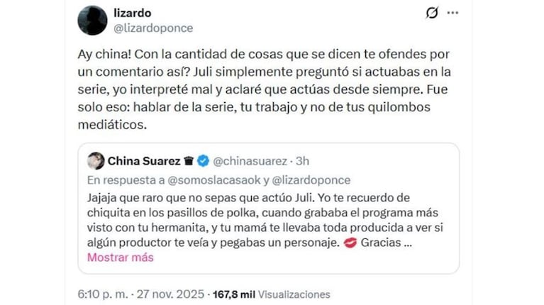 Lizardo Ponce salió a defender a Julieta Poggio y cruzó sin filtros a la China Suárez. Crédito: X