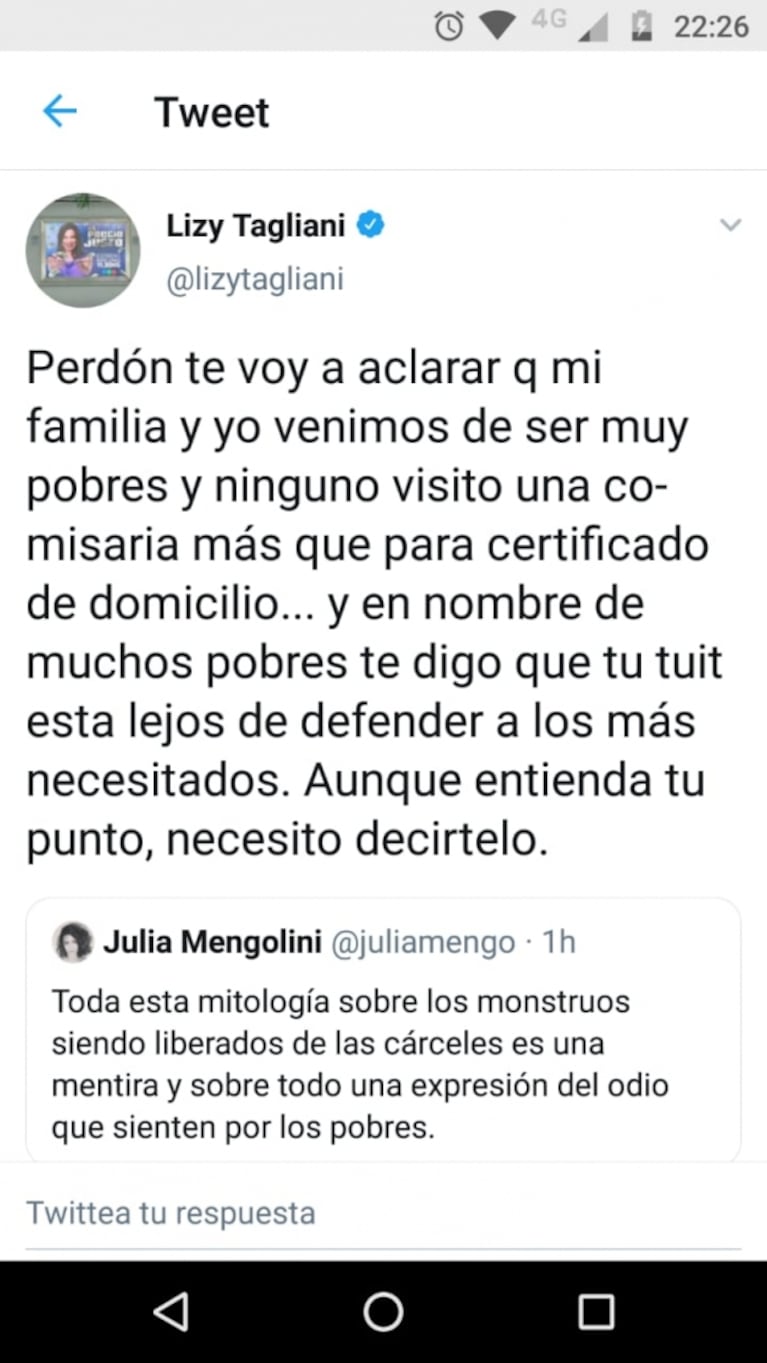 Lizy Tagliani cruzó a Julia Mengolini tras opinar de las prisiones domiciliarias: "Fui pobre y nunca pisé una comisaría"