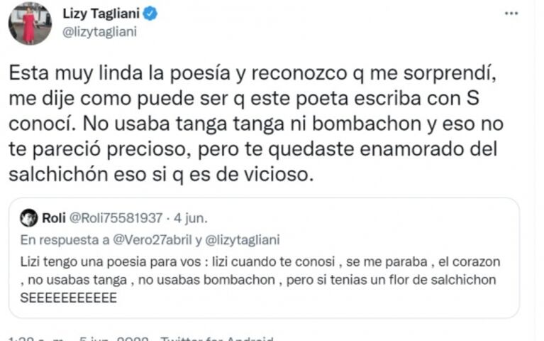 Lizy Tagliani cruzó con todo a un seguidor que se burló de ella: "¿Este poeta que escribe conocí con S?"