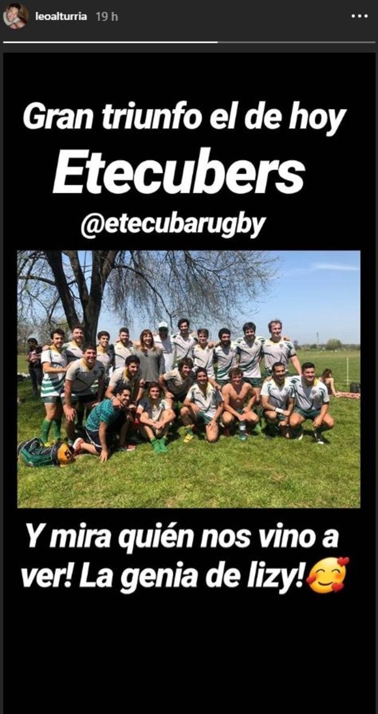 Lizy Tagliani fue a ver jugar a su amigovio y bromeó: "Ahora duermo con camiseta de rugby"