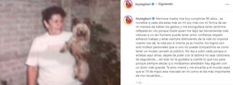 Lizy Tagliani le dedicó a su madre un conmovedor posteo el día que hubiera cumplido 80 años