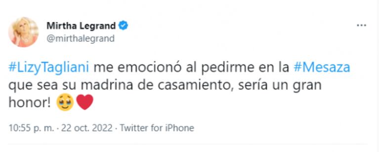 Lizy Tagliani le pidió a Mirtha Legrand que sea su madrina de casamiento: la emotiva respuesta de la diva