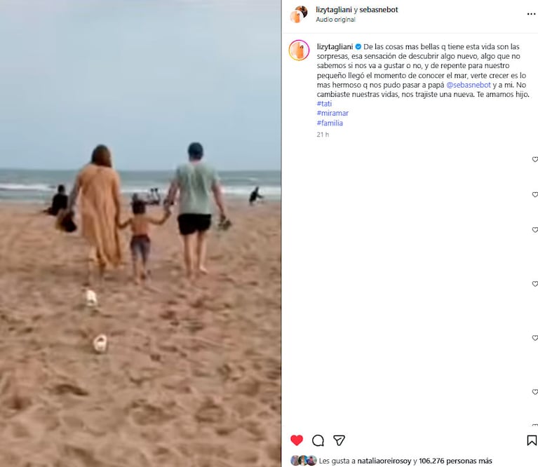 Lizy Tagliani llevó a su hijo Tati al mar (Foto y video de Instagram)