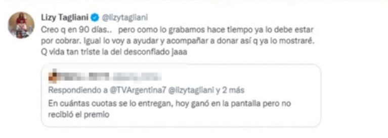 Lizy Tagliani salió al cruce de una seguidora que cuestionó la entrega del premio de Trato Hecho: "Qué vida tan triste la del desconfiado"