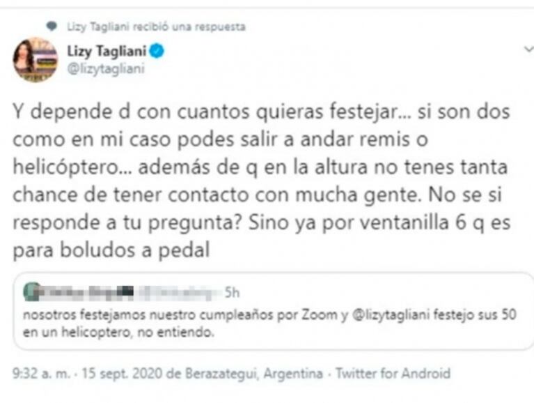 Lizy Tagliani salió fuerte al cruce de las críticas por festejar su cumpleaños en helicóptero con su novio