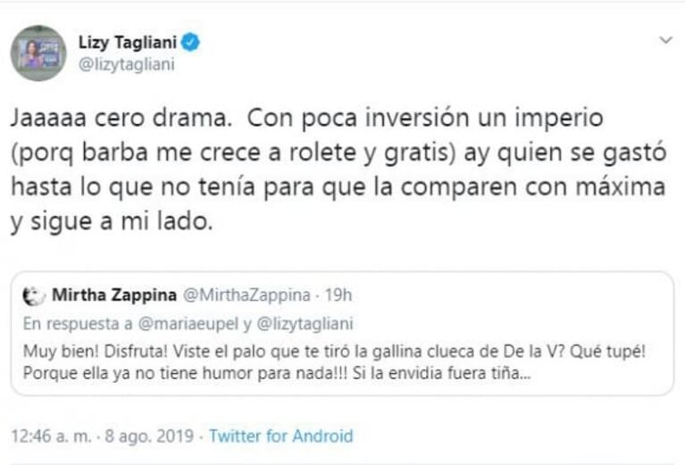 Lizy Tagliani, sobre Flor de la Ve: "Gastó lo que no tenía para que la comparen con Máxima y sigue a mi lado"