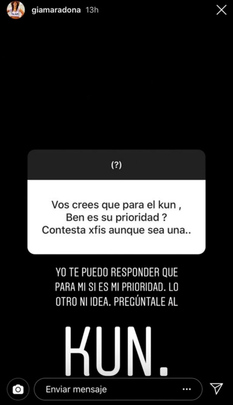 Llamativa respuesta de Gianinna Maradona cuando le preguntaron si para el Kun Agüero su hijo es su prioridad