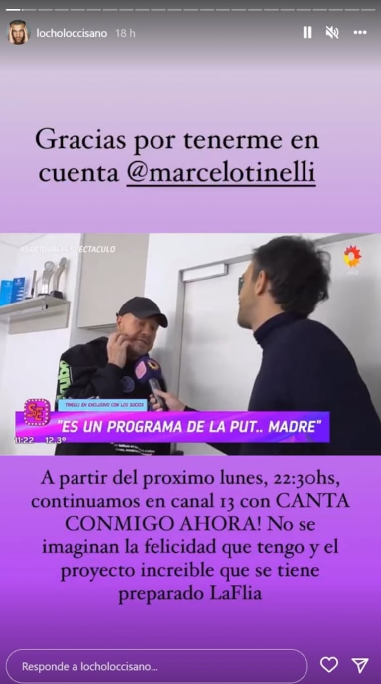 Locho Loccisano será jurado de Canta conmigo ahora y le demostró su emoción a Marcelo Tinelli  