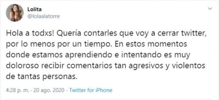 Lola Latorre contó que cierra su Twitter por una profunda razón: "Es doloroso recibir comentarios violentos"