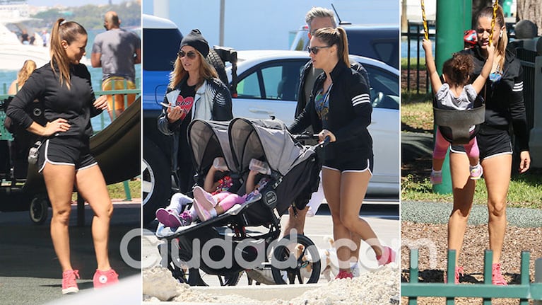 Lola Ponce, su look sexy y deportivo para llevar a sus hijos a la plaza. (Foto: Grosby Group)