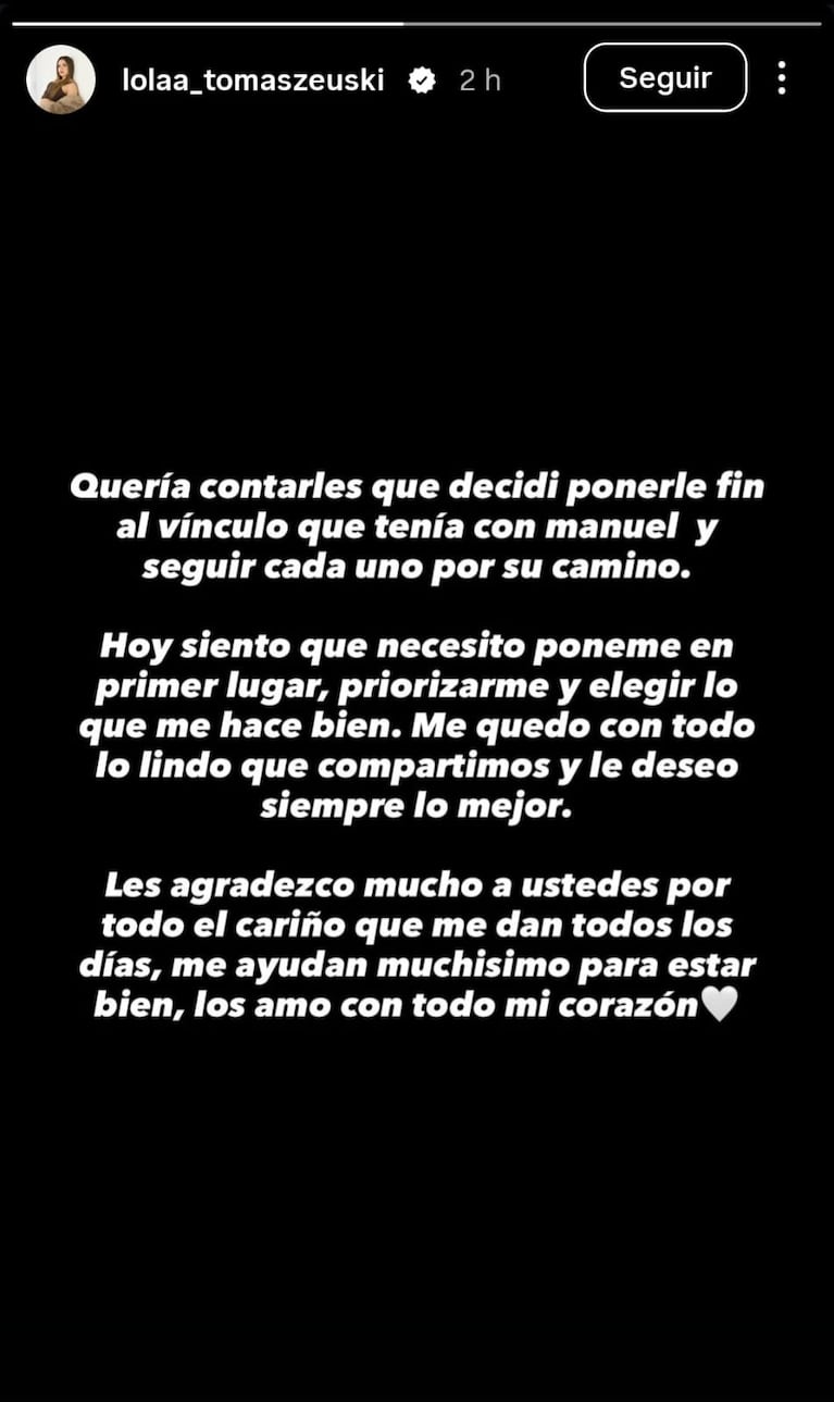 Lola Tomaszeuski anunció su separación de Manuel Iberó en Instagram (Foto: Instagram).