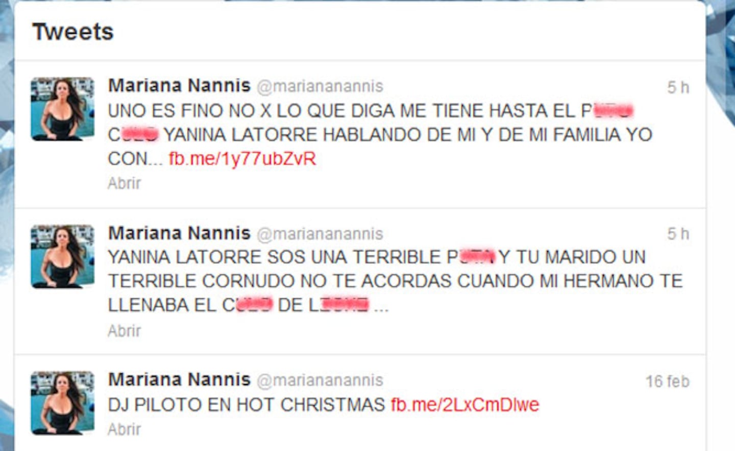 Los bochornosos tweets de Mariana Nannis contra Yanina Latorre. (Captura: @marianannis)