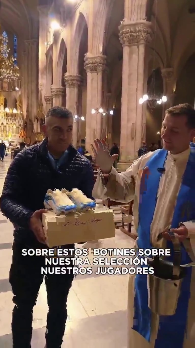 Los botines de Leo Messi fueron bendecidos en la Basílica de Luján (Foto: captura de redes Walter Queijeiro).