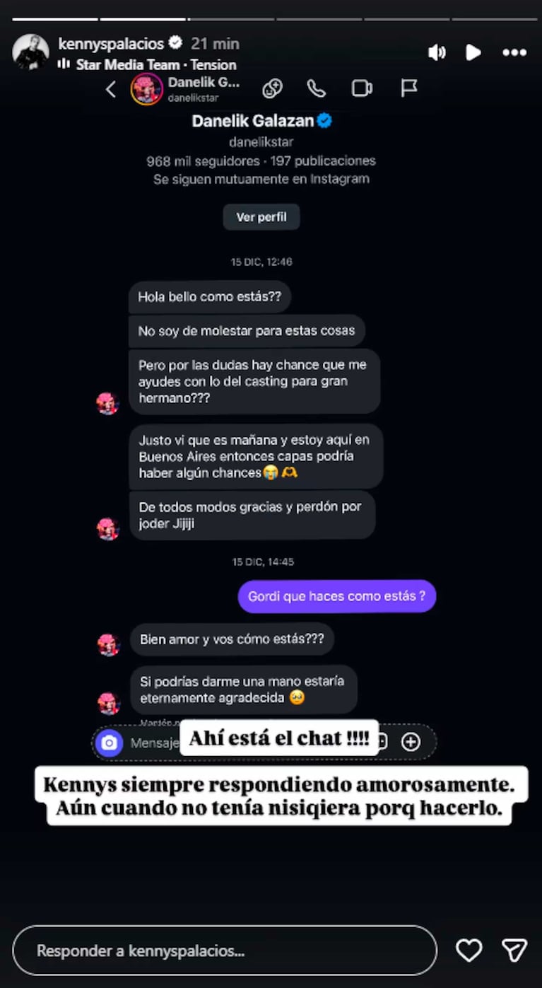 Los chats entre Danelik y Kennys Palacios previos a Gran Hermano (Foto: captura Instagram @kennyspalacios)