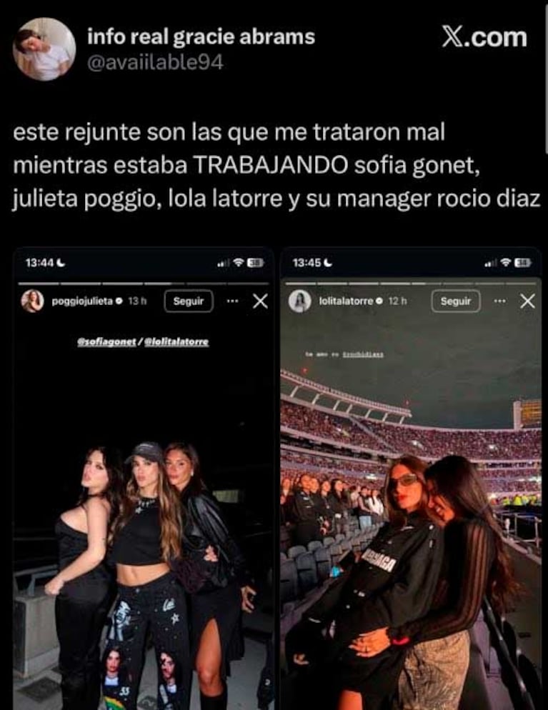 Los chats entre la productora de Lali y la mánager de juli Poggiop y La Reini (Fotos: X.com / @avaiilable94)