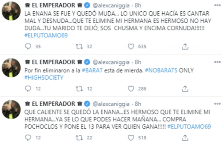 Los desagradables tweets de Alex Caniggia contra Cinthia Fernández, tras ser eliminada del Cantando: "Tu marido te dejó, sos chusma y encima cornuda"