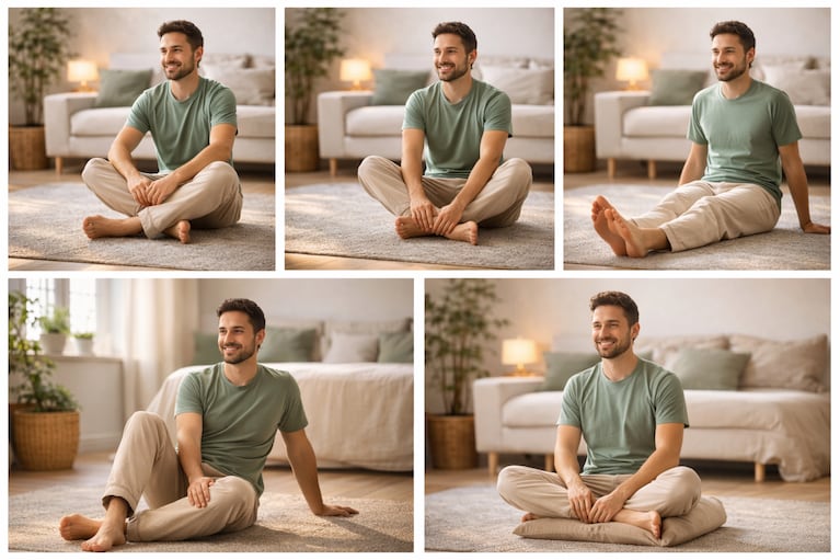 Los distintos pasos para hacer el ejercicio de los 15 minutos sentado en el piso. Foto: IA (ChatGPT)