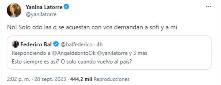 Los escandalosos tweets de Fede Bal y Yanina Latorre  (Foto: captura Twitter @balfederico y @yanilatorre)