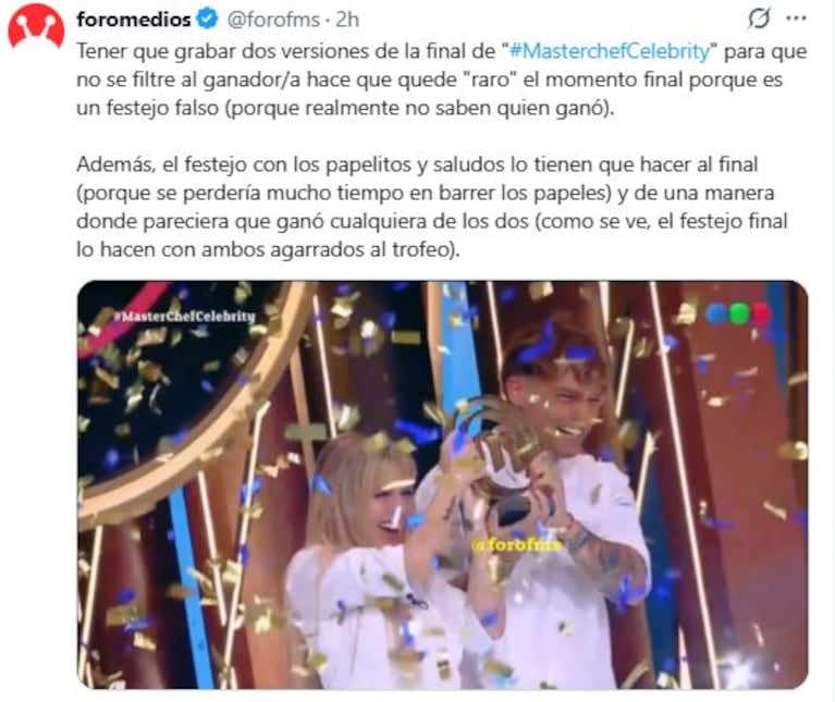 Los expertos en redes descubrieron cómo es la grabación de los dos finales de MasterChef Celebrity (Foto: X/ @foromedios)