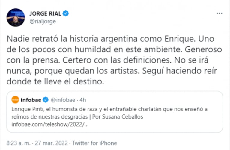 Los famosos despidieron a Enrique Pinti a través de sus redes: sus emotivos mensajes dedicados al gran artista