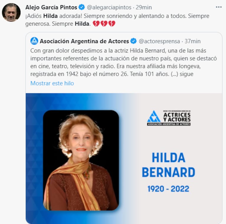 Los famosos despidieron con cariño a Hilda Bernard en las redes sociales