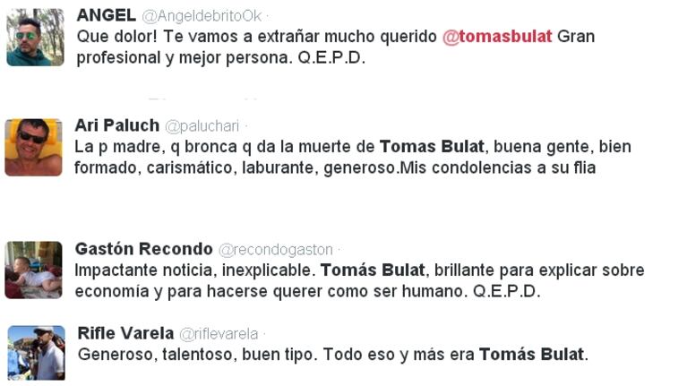 Los famosos expresaron su dolor en Twitter tras la muerte de Tomás Bulat (Foto: Twitter)