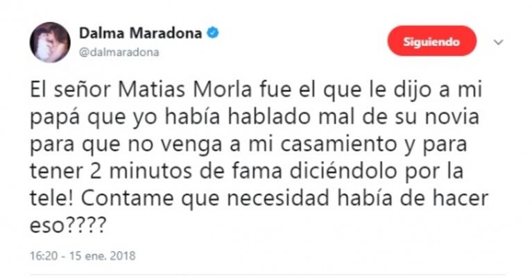 Los fuertes tweets de Dalma tras el audio de Maradona confirmando su ausencia en la boda de su hija: "Si van a publicar una charla privada con mi papá, pásenla completa"