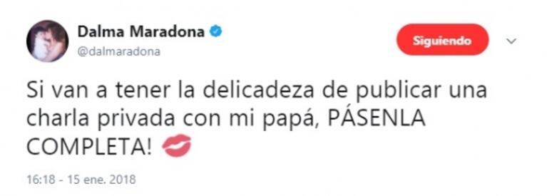Los fuertes tweets de Dalma tras el audio de Maradona confirmando su ausencia en la boda de su hija: "Si van a publicar una charla privada con mi papá, pásenla completa"