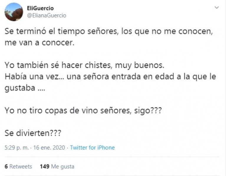 Los fuertes y enigmáticos mensajes de Eliana Guercio en Twitter: "Los que no me conocen, me van a conocer"