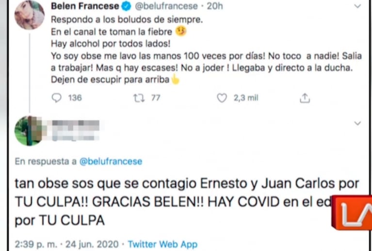 Los furiosos tweets de una vecina de Belén Francese, luego de que la actriz se contagiara coronavirus: "Culpa tuya hay Covid en el edificio"