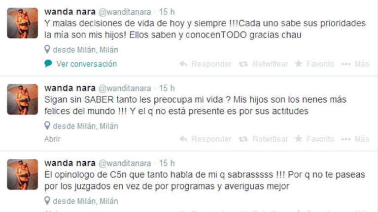 Los furiosos tweets de Wanda Nara por las críticas a Mauro (Fotos: Captura).