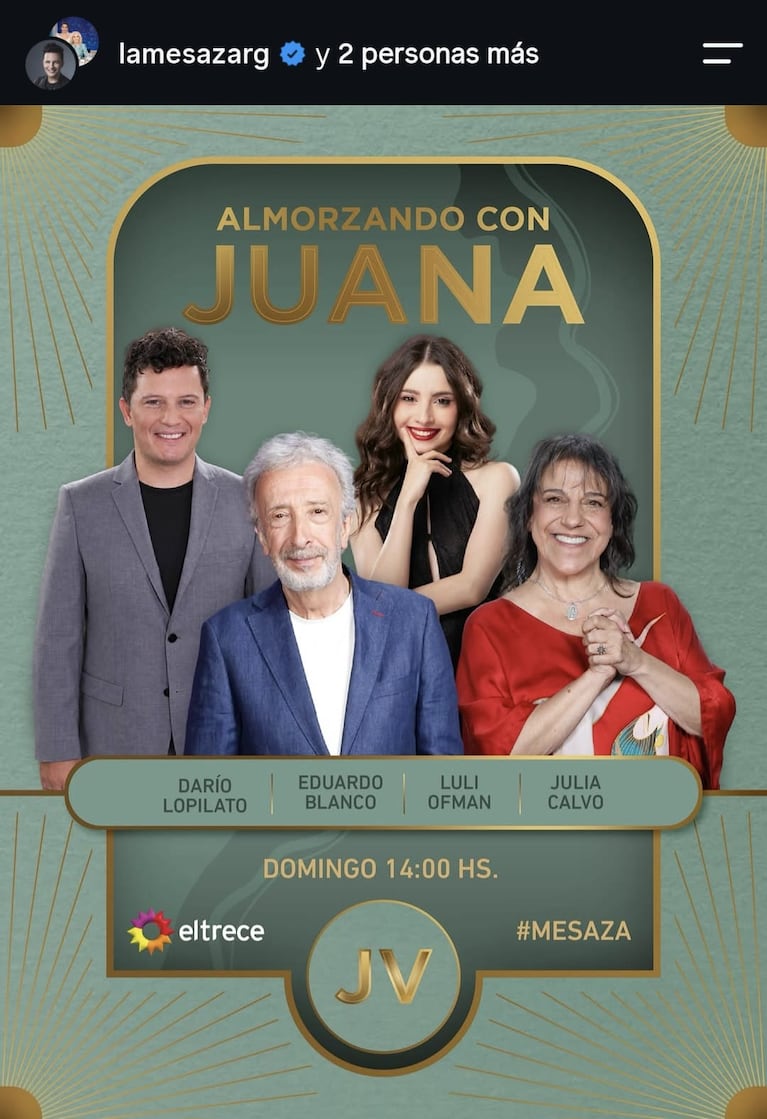 Los invitados de Juana Viale del domingo 25 de octubre del 2026 (Foto: captura de Instagram/@lamesazarg).